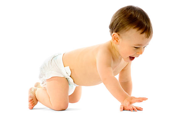 Baby In Nappy Crawling Isolated On White